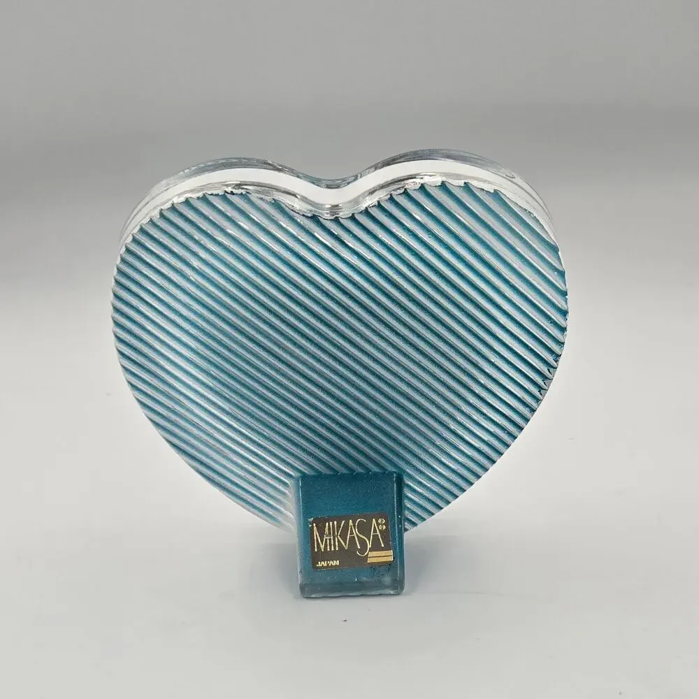 Vintage Mikasa Glass Heart Picture Frame Blue White Wavy Zebra Stripe